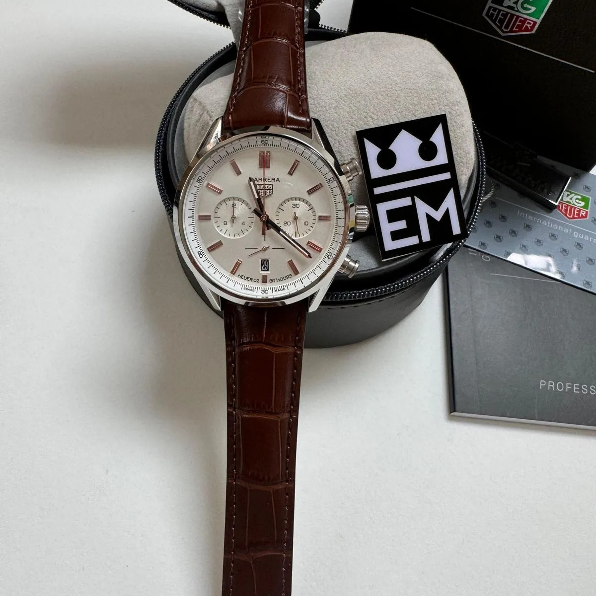 TAG Heuer Carrera Chronograph – Silver/Rose Gold Brown Leather Strap