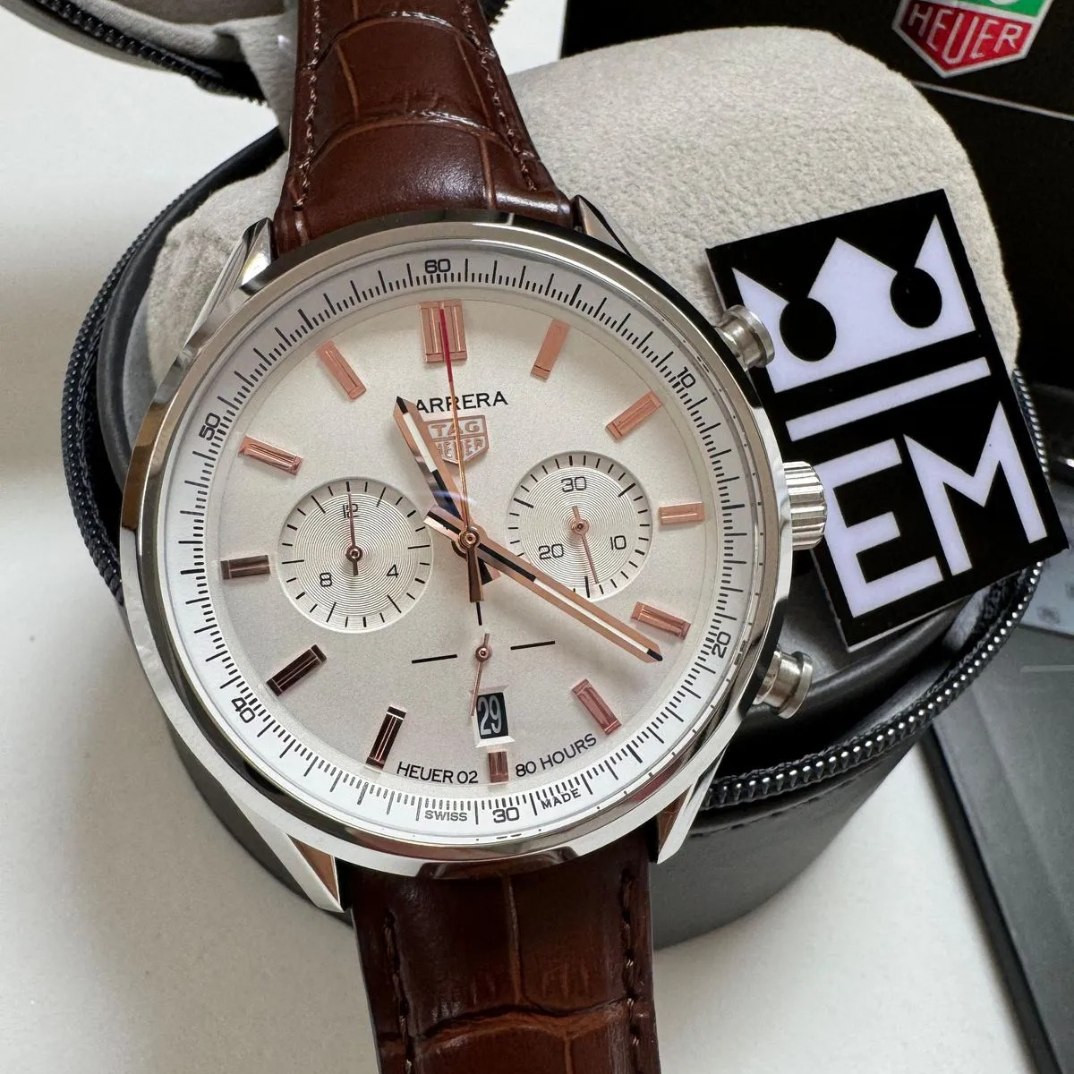 TAG Heuer Carrera Chronograph – Silver/Rose Gold Brown Leather Strap