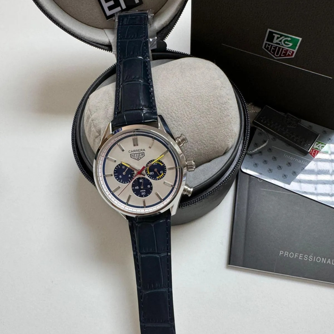 TAG Heuer Carrera Chronograph – Silver & Blue | Leather Strap