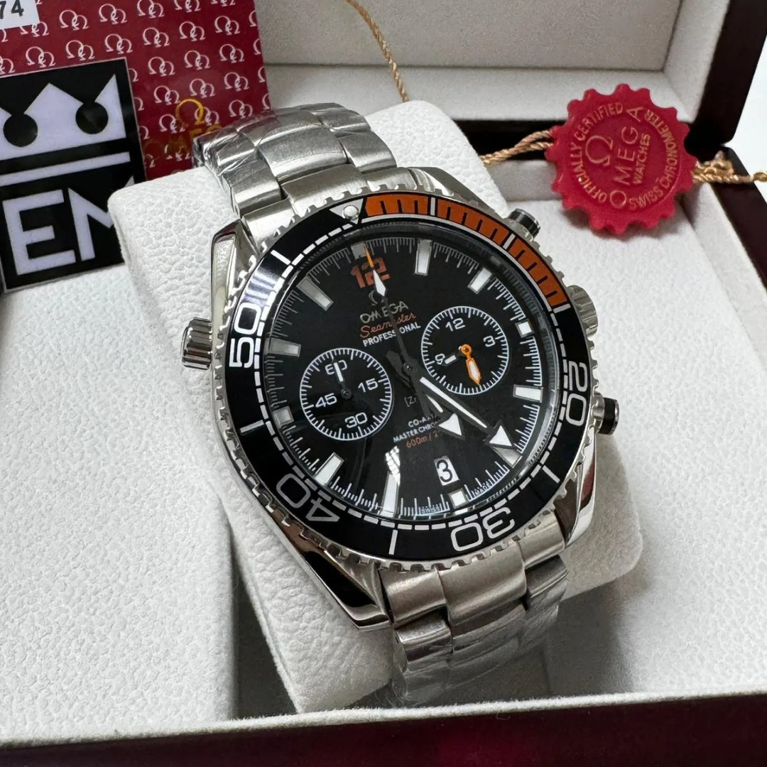 Omega Seamaster Planet Ocean Chronograph – Black & Orange | Stainless Steel Bracelet
