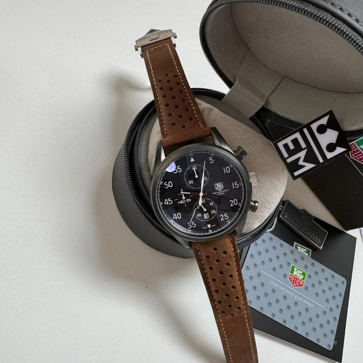 TAG Heuer Carrera Chronograph Black Brown Leather Strap