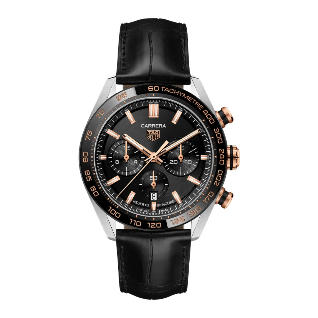 TAG Heuer Carrera Chronograph – Black/Rose Gold Leather Strap