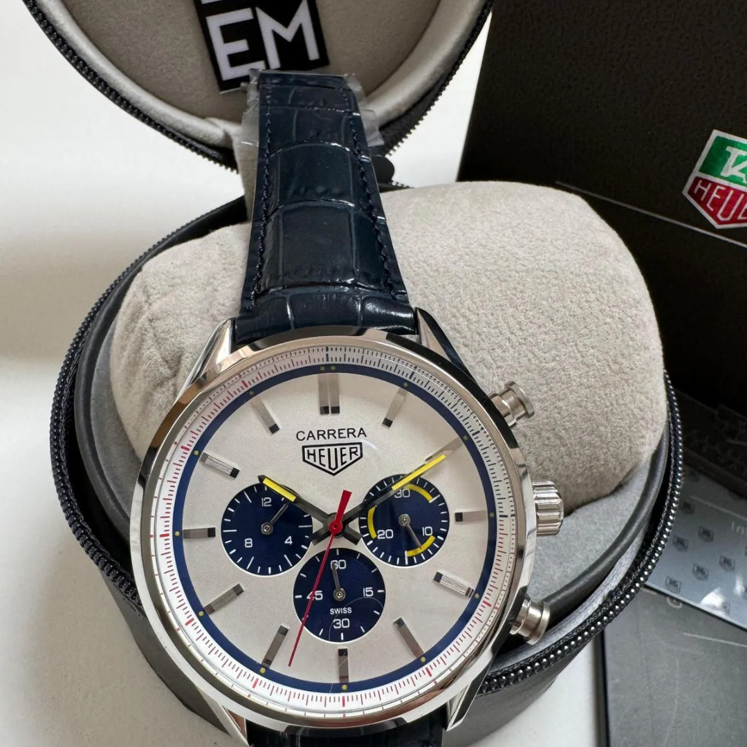 TAG Heuer Carrera Chronograph – Silver & Blue | Leather Strap