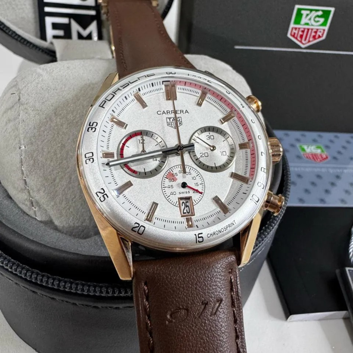 TAG Heuer Carrera Chronosprint – Silver/Red – Brown Leather Strap