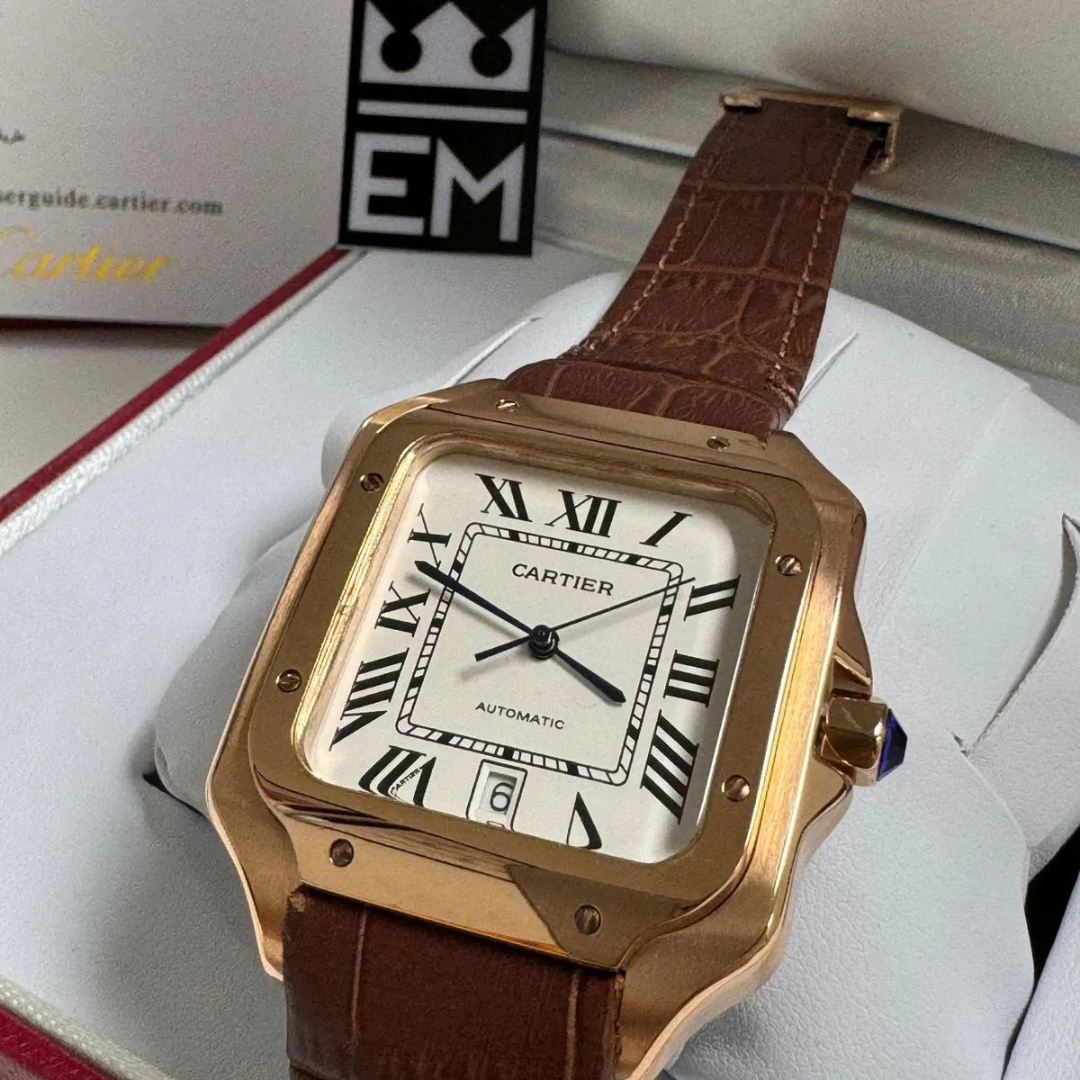 Cartier Santos Automatic – Gold with Brown Leather Strap